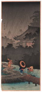 Shotei Takahashi - Shower Terashima c1930 woodblock NR: Japanese Woodblock print. ARTIST: Shotei Takahashi (Hiroaki) SUBJECT: Shower at Terashima DATE: 1924-36 (Ota Museum, Tokyo), original pre-War printing. PUBLISHER: Watanabe Publisher SIZE IN INCHES: 6.