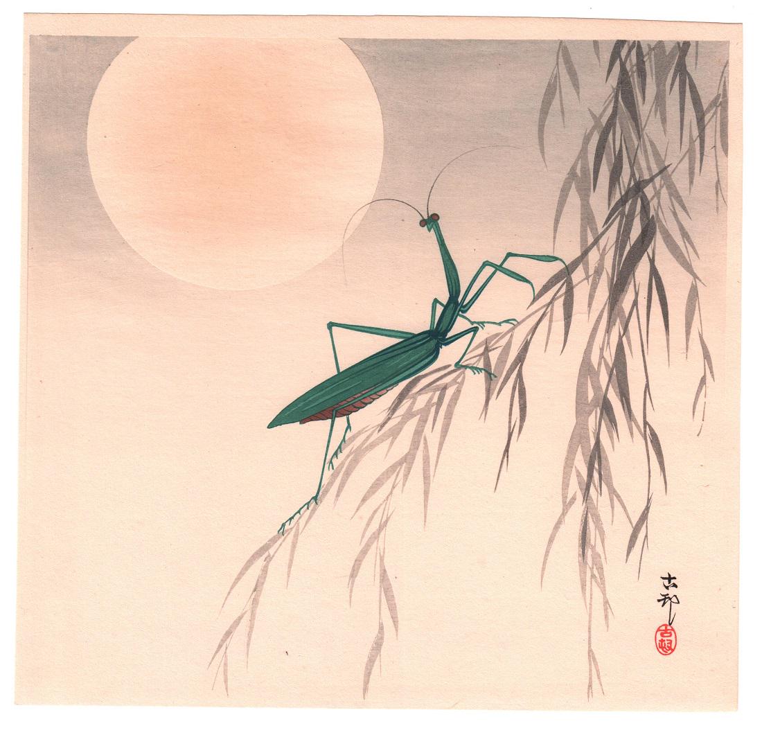 Koson Ohara - Praying Mantis Moon c1920s woodblock (1 of 2)