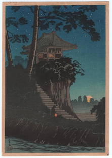 Takahashi Shotei Woodblock: Temple at Night c1930s: Japanese Woodblock Print. Artist: Takahashi Shotei (Hiroaki). Subject: Temple in the Night, Tokumochi. Publisher: Watanabe. Date: C. 1930s. Size: Chuban design measures 7” x 10". Condition: Exce