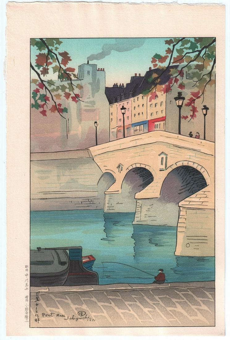 Shungo Sekiguchi - Pont Mari, France 1951 woodblock NR: Japanese Woodblock print. ARTIST: Shungo Sekiguchi SUBJECT: Pont Mari, France DATE: 1951, later edition from original blockset. PUBLISHER: Nippon Hanga Kenkyujo Publisher (Kyoto, active 1946-52) SIZE 
