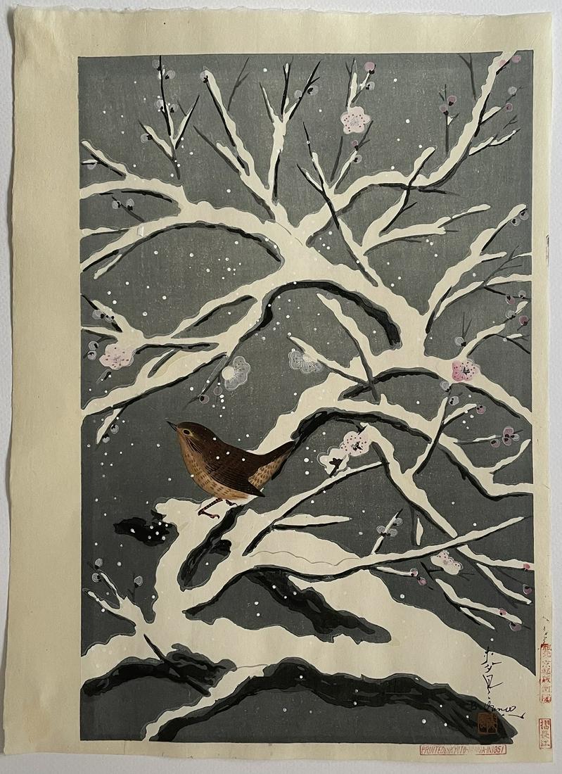 Bakufu Ohno Woodblock Print: Bird, Snowy Branch c1950 (1 of 2)