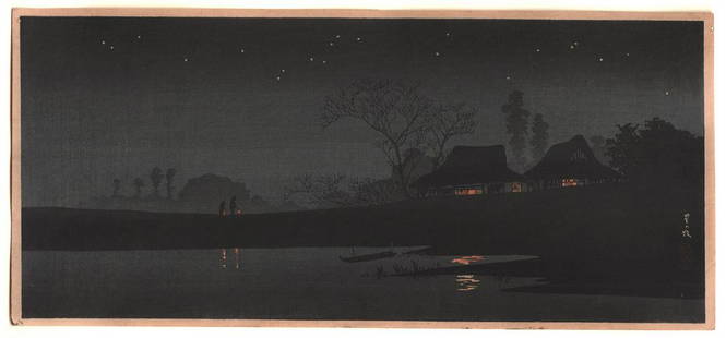 Shotei Woodblock: Farmers, Moon-lit Night c1930s: Japanese Woodblock Print. Artist: Takahashi Shotei (Hiroaki). Subject: Moon-lit Night. Publisher: Watanabe. Date: C. 1930s. Size: Measures 6.75” x 15". Condition: Excellent color, impression, co