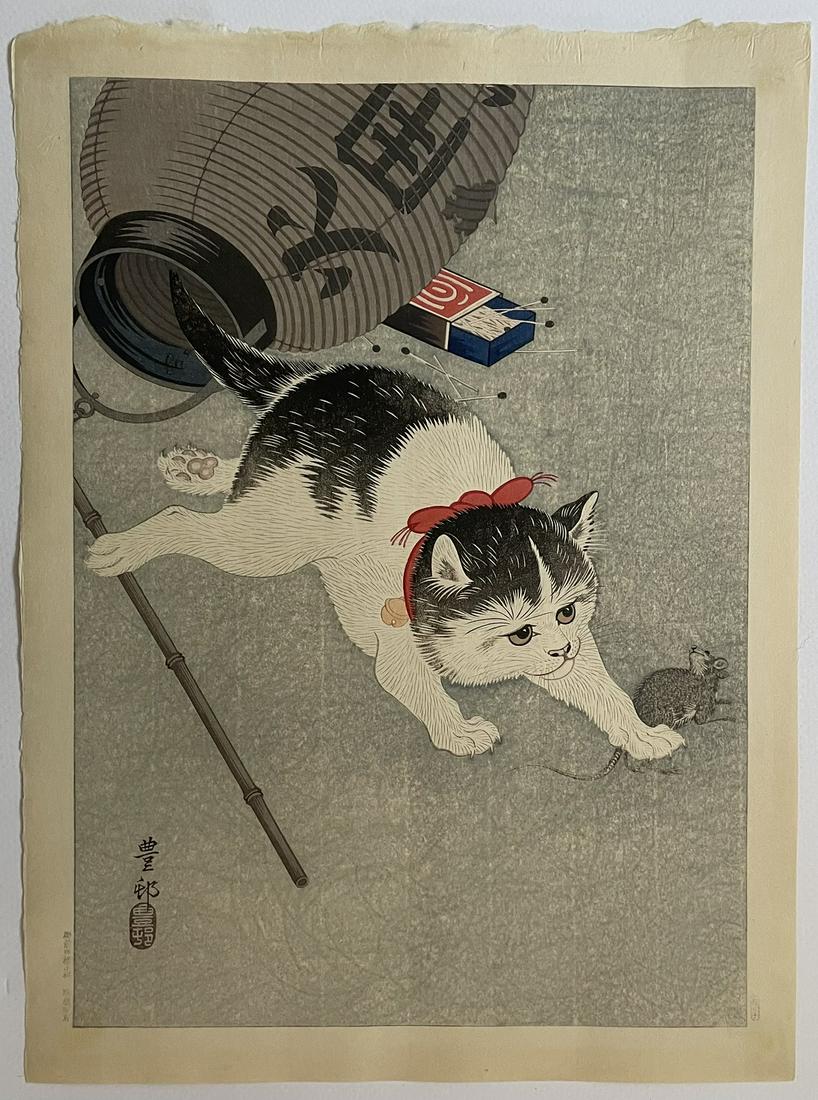 Ohara Koson Woodblock: Cat and Mouse,  1930s (1 of 2)