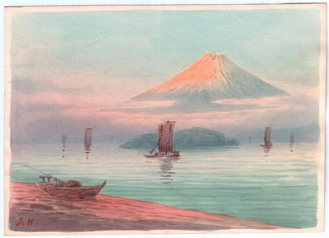 Signed Japanese Watercolor Painting: Mount Fuji, NR (1 of 2)