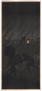 Shotei Takahashi - Night Rain Asagaya c1930 NR: Japanese Woodblock print. ARTIST: Shotei Takahashi (Hiroaki) SUBJECT: Cold Winter Wind DATE: c1930 (Ota Museum, Tokyo) PUBLISHER: Watanabe Publisher SIZE IN INCHES: 6.75 x 15 CONDITION: Excellent colo