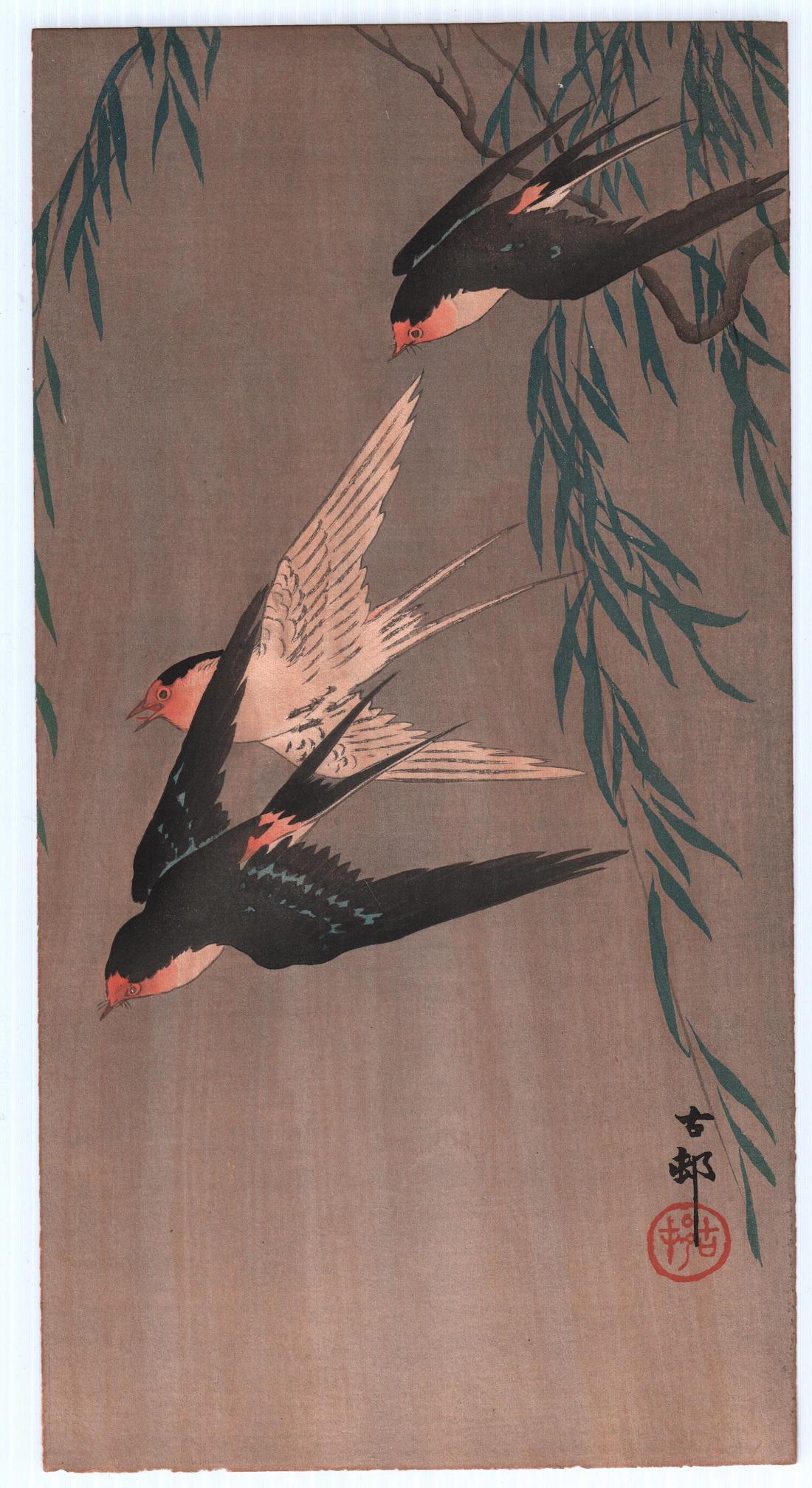 Koson Woodblock Print: Swallows in Flight, 1910s  NR (1 of 2)