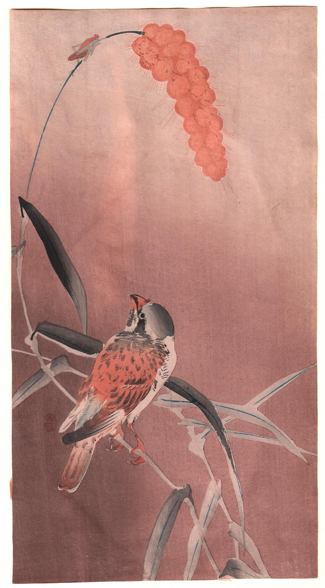 Koson Woodblock Print: Finch on Cornstalk, c1910s, NR: Japanese Woodblock Print. Artist: Ohara Koson. Subject: Finch on cornstalk looking at grasshopper. Date: C.1910s. Size: Measures 7.25” x 13.5". Condition: Good color, excellent impression, tonin