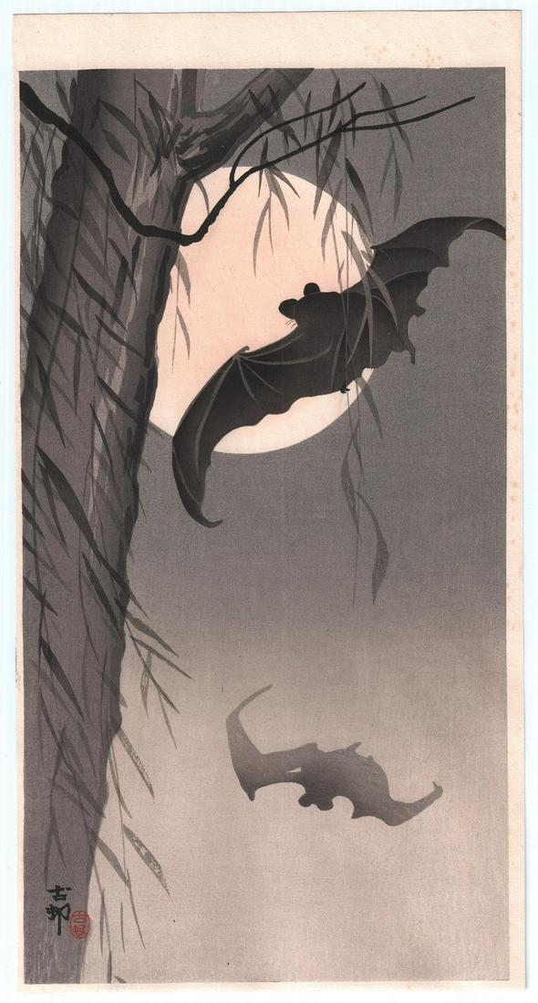 Ohara Koson Woodblock: Bats Before Full Moon,  1910â€™s (1 of 2)