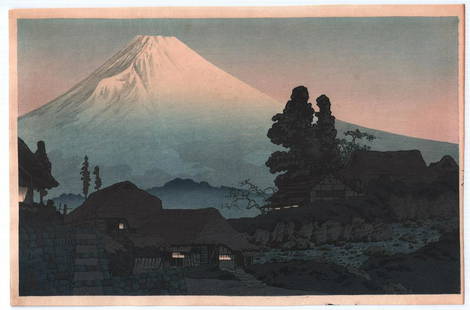 Shotei Woodblock Print: Mt. Fuji from Mizukubo 1936 NR: Japanese Woodblock Print. Artist: Takahashi Shotei (Hiroaki). Subject: Mt. Fuji Seen from Mizukubo. Date: 1936. Publisher: Watanabe (most likely a later edition – no publisher seal). Size: Oban