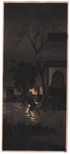 Takahashi Shotei Woodblock: Night Rain Asagaya c1930 NR: Japanese Woodblock Print. Artist: Takahashi Shotei (Hiroaki). Subject: Night Rain at Asagaya. Date: c1930. Size: Measures 6.75&rdquo; x 15". Condition: Fine color & impression. Some staining on verso