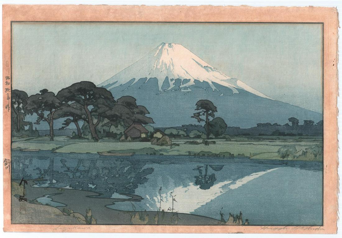 Hiroshi Yoshida Woodblock: Suzukawa, Jizuri Seal NR: Japanese Woodblock Print. Artist: Hiroshi Yoshida. Subject: Suzukawa. Date: 1935. Size: Oban design measures 10.75” x 16.". Condition: Good color and impression. Toning in margins. Mounting resi