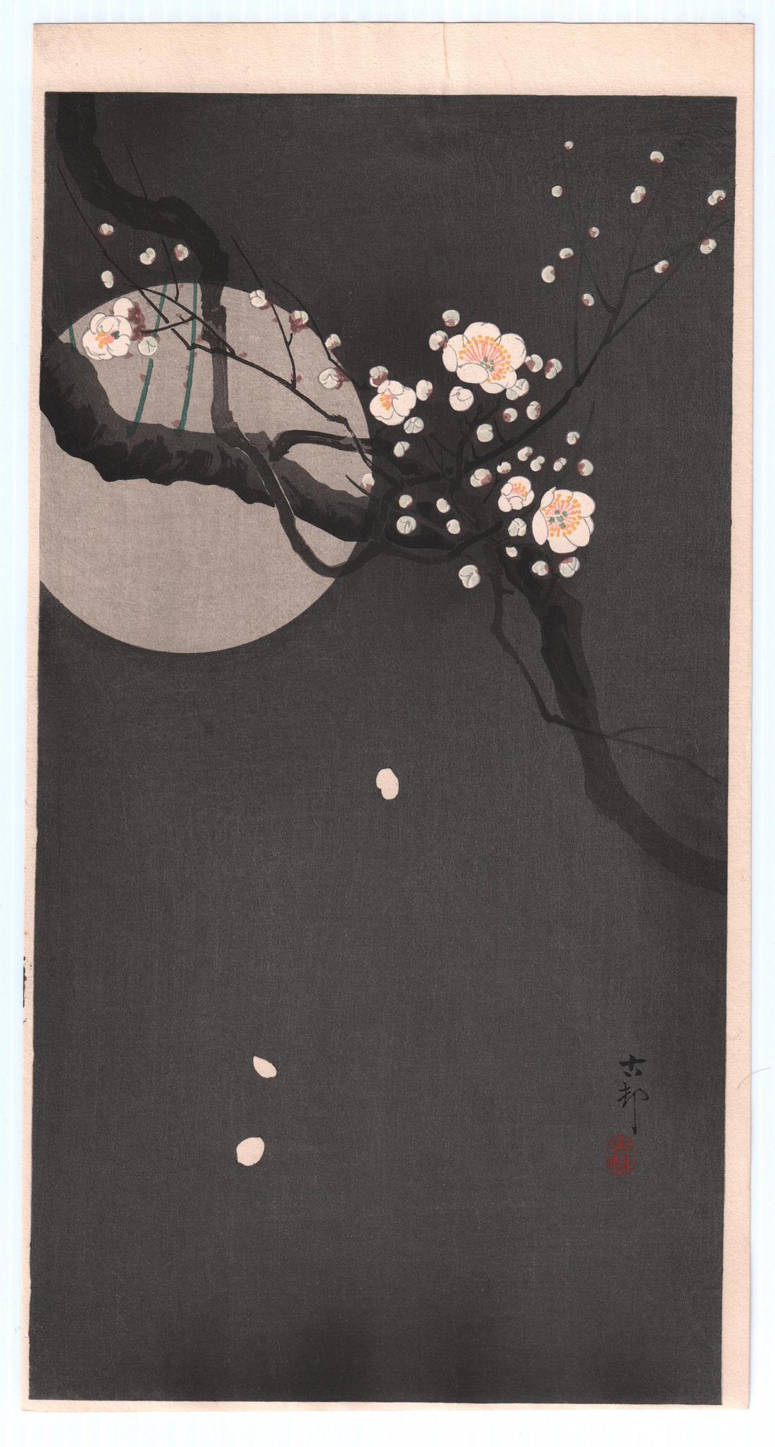Ohara Koson - Flowering Plum and Moon 1910 woodblock NR (1 of 2)