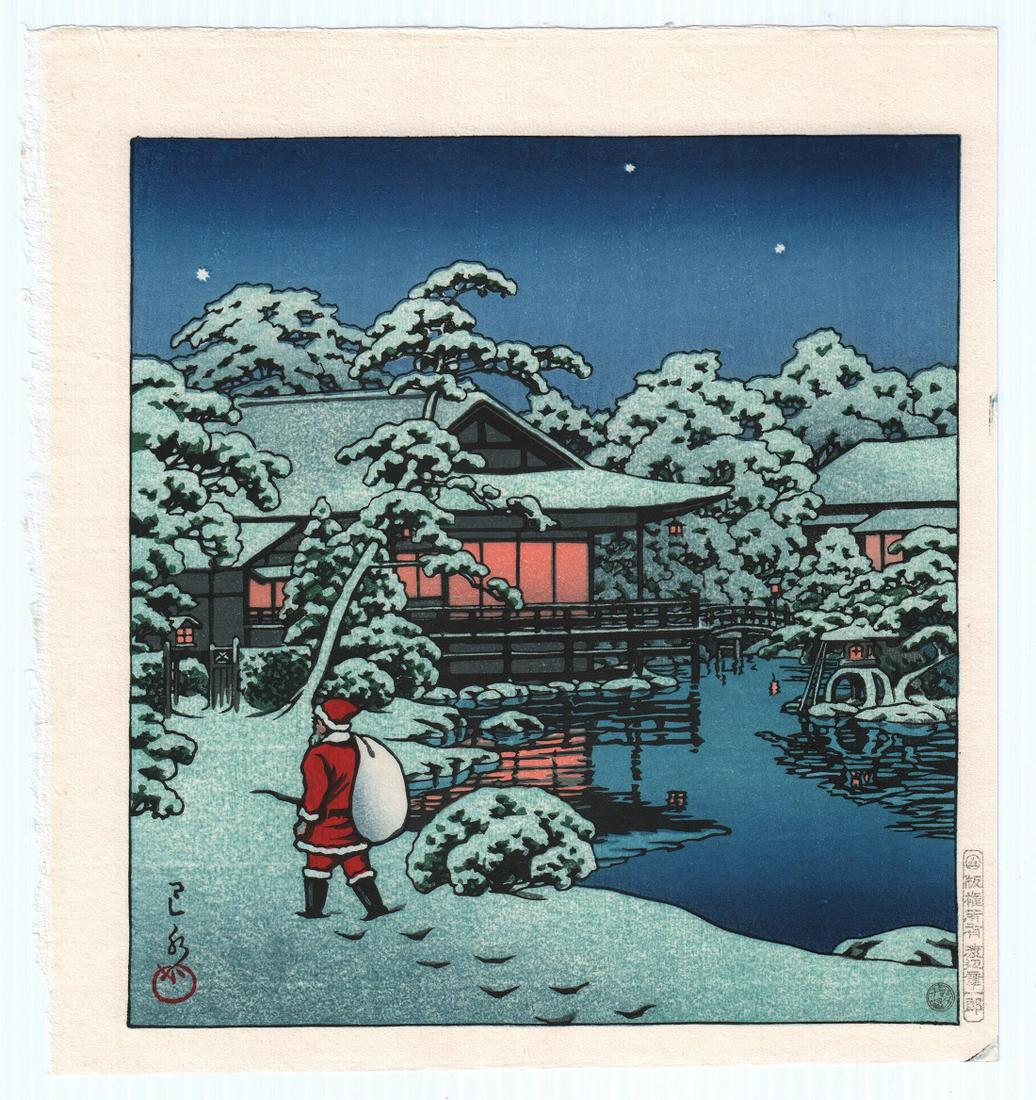 Hasui Kawase - Santa Claus in Snow woodblock 1952: Japanese Woodblock print ARTIST: Hasui Kawase SUBJECT: Santa Claus in Snow DATE: 1952, later printing from original blocks. PUBLISHER: Watanabe Publisher. SIZE IN INCHES: 9.75 x 10.5 CONDITION: Excell