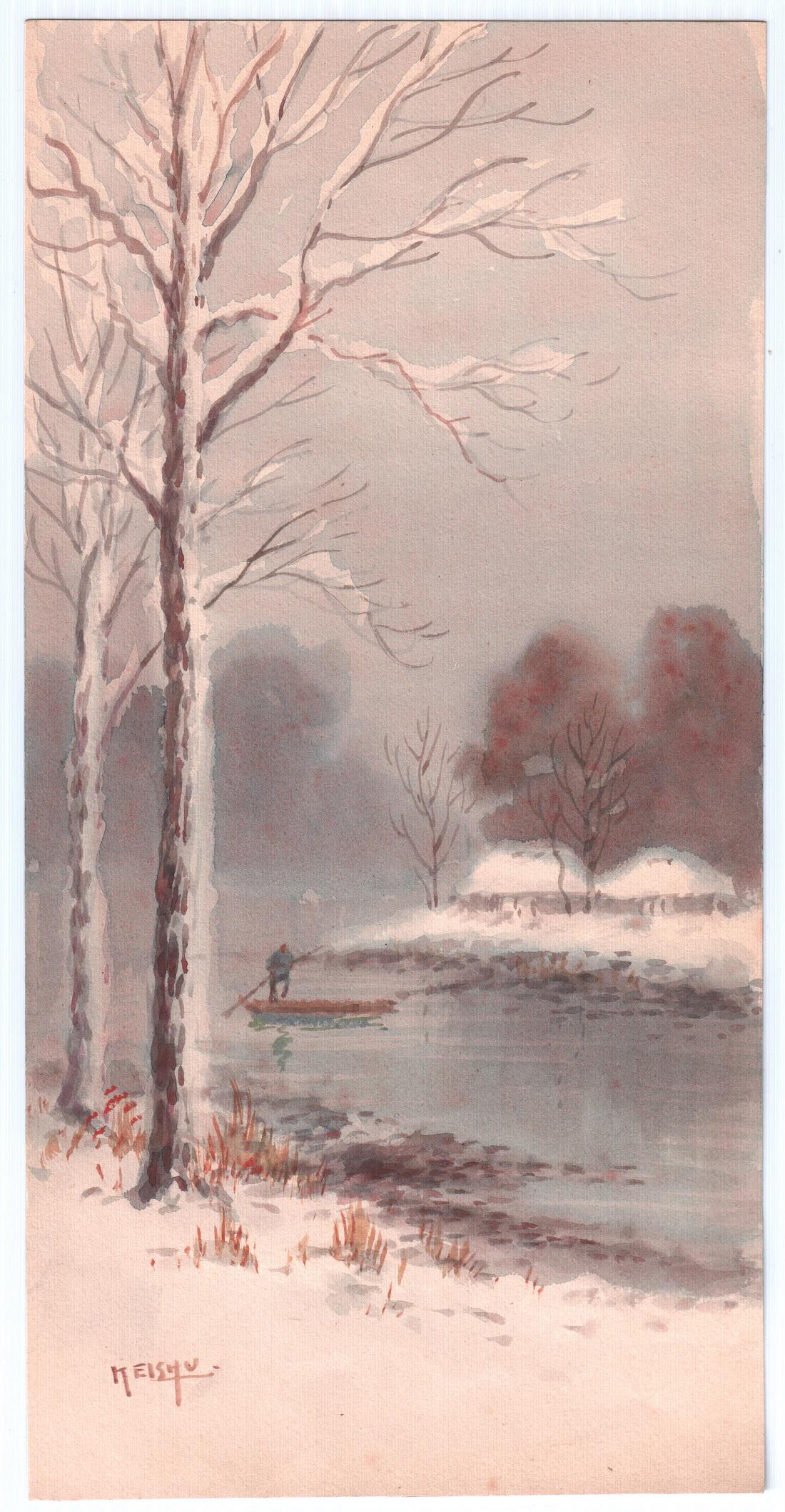 Signed Japanese WC Painting: Winter Scene  NR (1 of 2)
