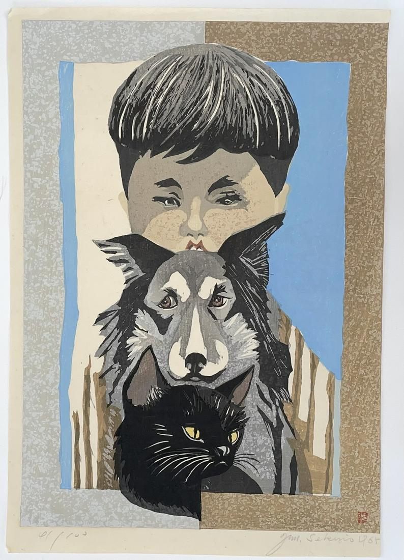 Sekino Woodblock Print: Boy, Dog and Cat, 1965,  NR (1 of 2)