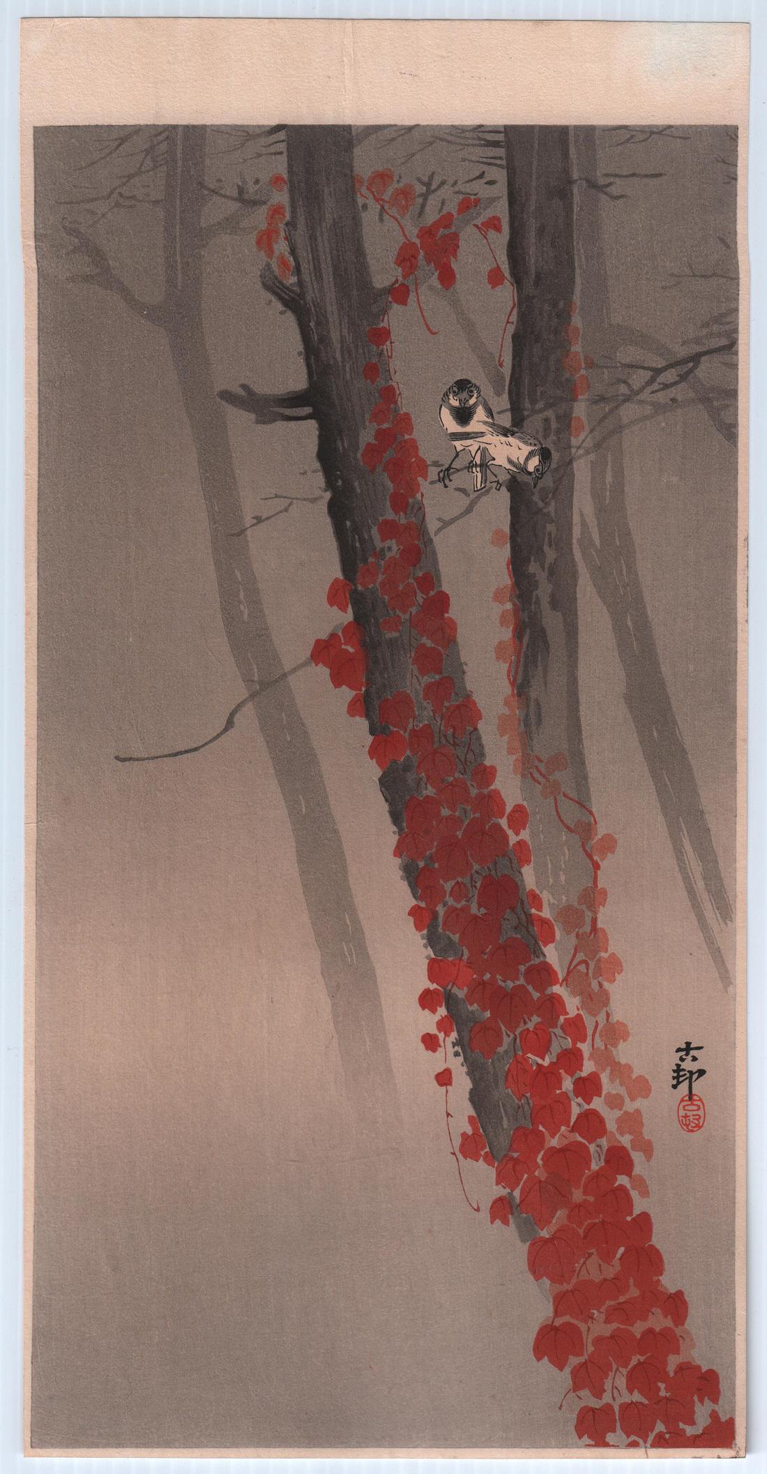 Koson Ohara - Two Bush-tits on Red Ivy c1920 woodblock (1 of 2)