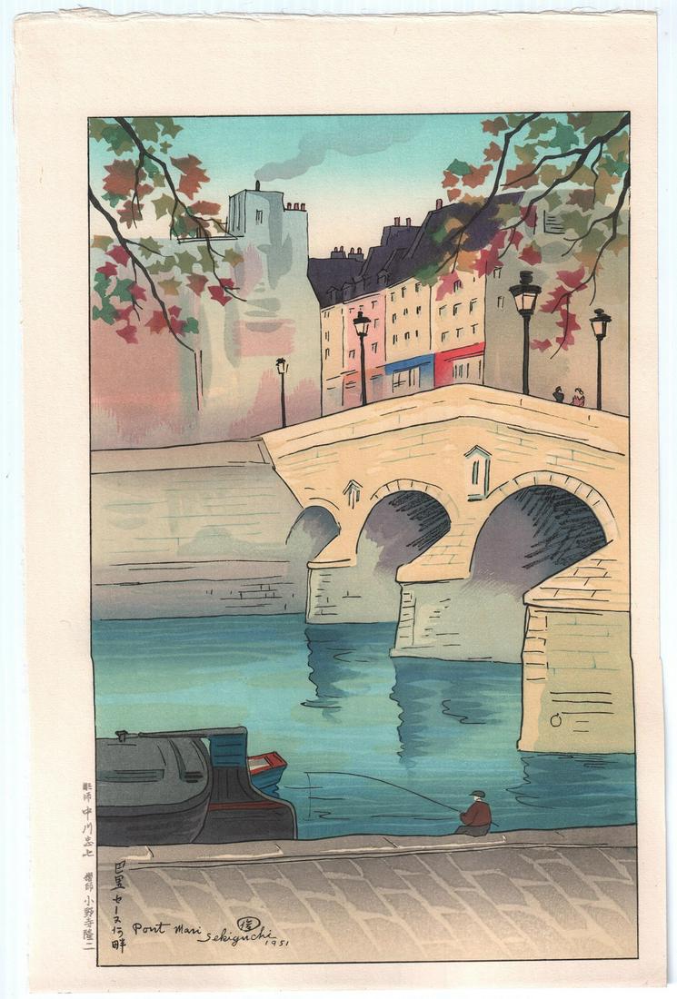 Shungo Sekiguchi - Pont Mari, France 1951 woodblock NR: Japanese woodblock print. ARTIST: Shungo Sekiguchi SUBJECT: Pont Mari, France DATE: 1951, later edition from original blockset. PUBLISHER: Nippon Hanga Kenkyujo Publisher (Kyoto, active 1946-52) SIZE 