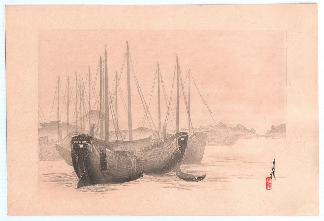 Ogata Gekko - Mooring Boats, Fuji c1904 woodblock (1 of 2)