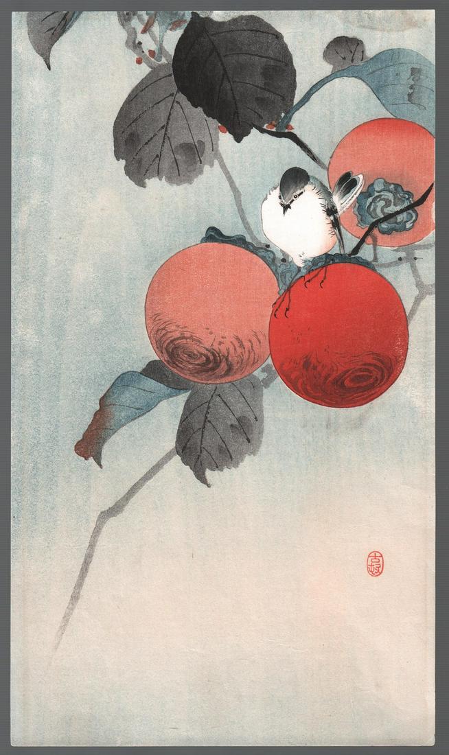 Ohara Koson - Nuthatcher and Persimmon c1900/23 NR: Japanese Woodblock print ARTIST: Koson Ohara SUBJECT: Nuthatcher Atop a Persimmon DATE: 1910/23, original print. PUBLISHER: Daikoku-ya Publisher (ended business 1923). SIZE IN INCHES: 7.25 x 12.5 (top