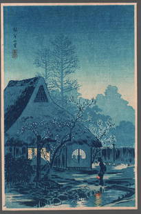 Shotei Takahashi - Country House Negishi c1930s RARE NR: Japanese woodblock print. ARTIST: Shotei Takahashi (Hiroaki) SUBJECT: Country House at Negishi DATE: c1930s, original print. PUBLISHER: Shobido Tanaka Publisher. SIZE IN INCHES: 4.75 x 7.25 CONDITION: