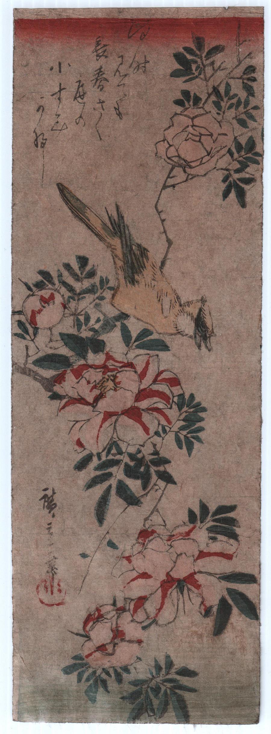 Hiroshige Woodblock: Oriole, Wild Roses 1830s NR: Japanese Woodblock Print. Artist: Ando Hiroshige. Subject: Oriole and Wild Roses. Date: c.1830-43. Size: Measures 4.5" x 13" Condition: Good color & impression. Some soiling, light wear. Please see im