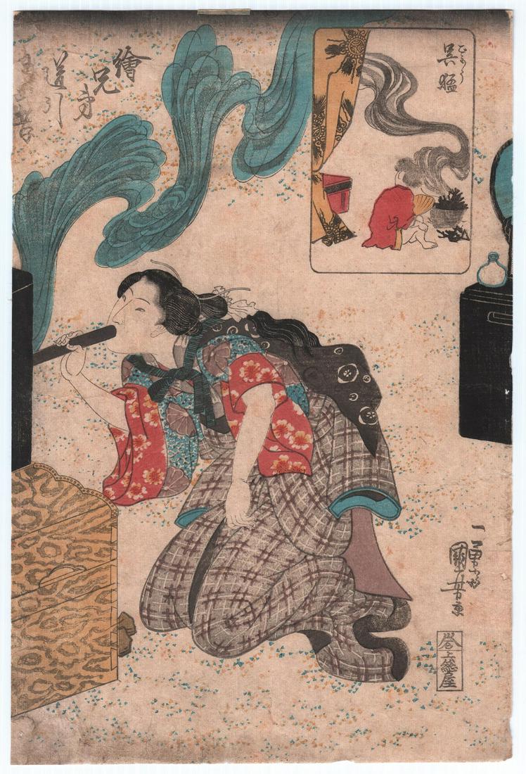 Kuniyoshi Woodblock: Smoking Beauty, c1840 NR: Japanese Woodblock Print. Artist: Utagawa Kunisada. Subject: Gomo/ Ekyodai michibiki niju shiko from the series, Brother Pictures for the Twenty-Four Paragons of Filial Piety. Date: C.1840. Size: Oban