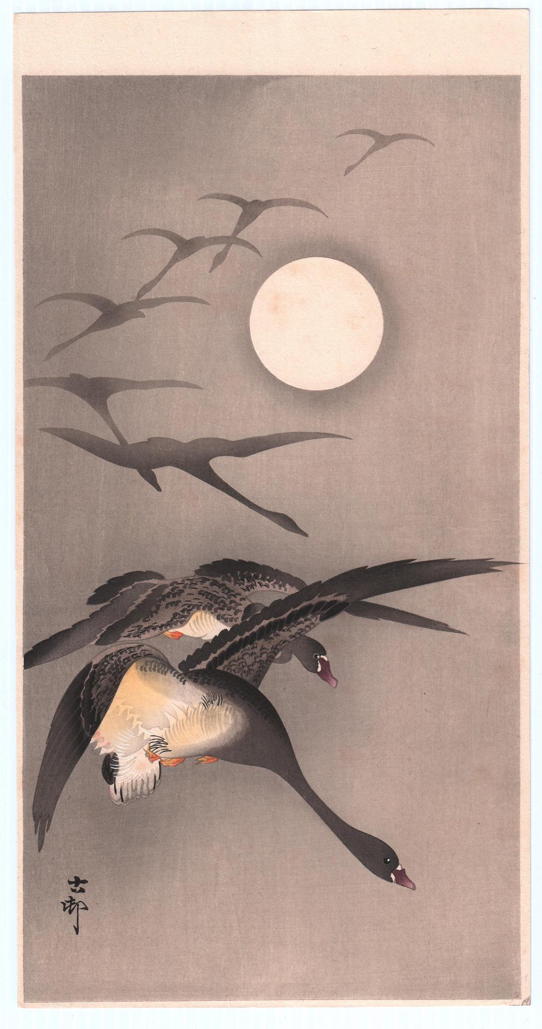 Koson Ohara - Descending Geese, Moon c1920 woodblock NR (1 of 2)