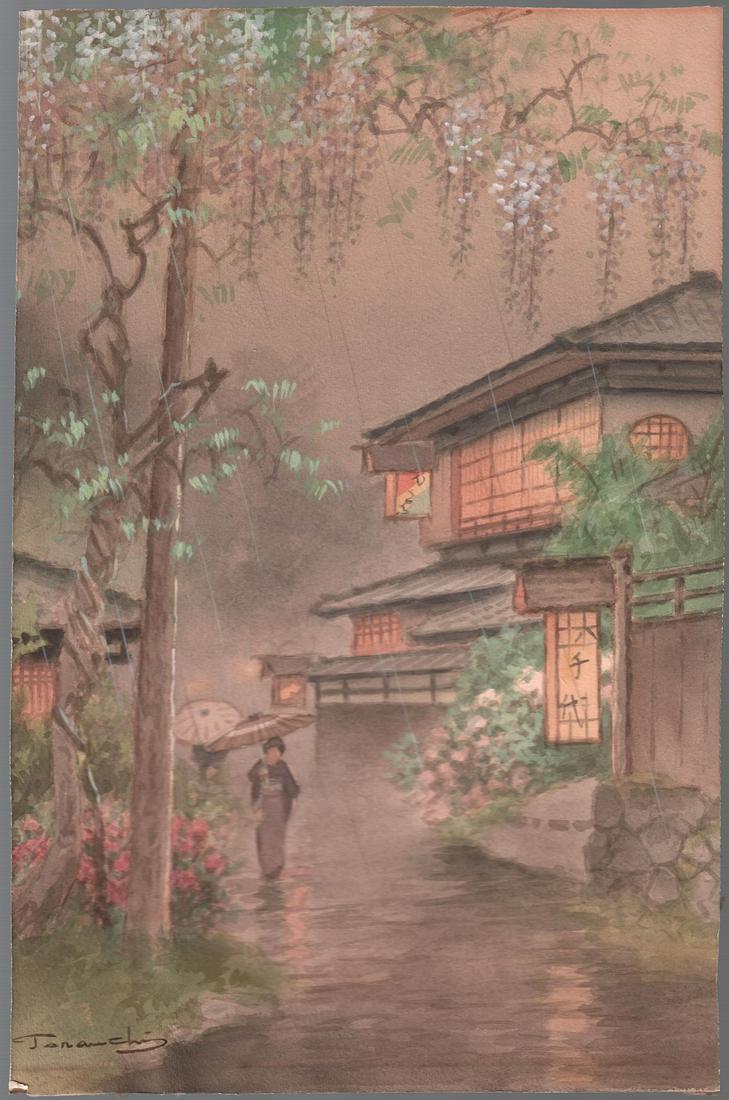 Terauchi Watercolor Painting: Rain Scene c1930s  NR (1 of 2)