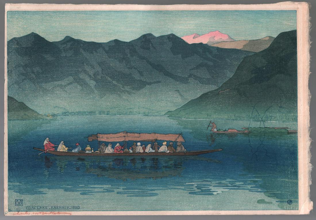 Charlies Bartlett Woodblock: Lake Dal, Kashmir, 1916: Japanese Woodblock Print. Artist: Charles Bartlett. Subject: Dal Lake, Kashmir. Publisher: Watanabe. Date: 1916. Size: Oban design measures 10.75” x 16". Condition: Excellent color and impressio
