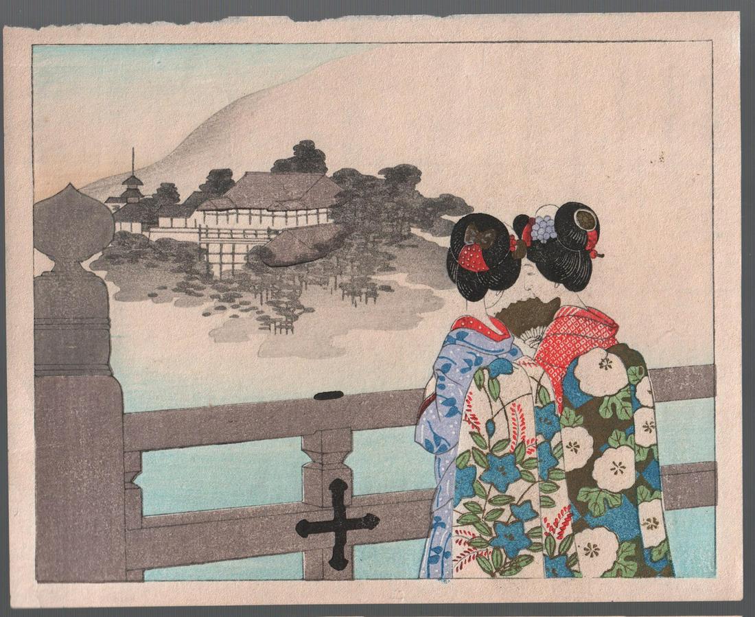 Unsigned - Beauties Viewing Kiyomizu c1950 woodblock NR (1 of 2)
