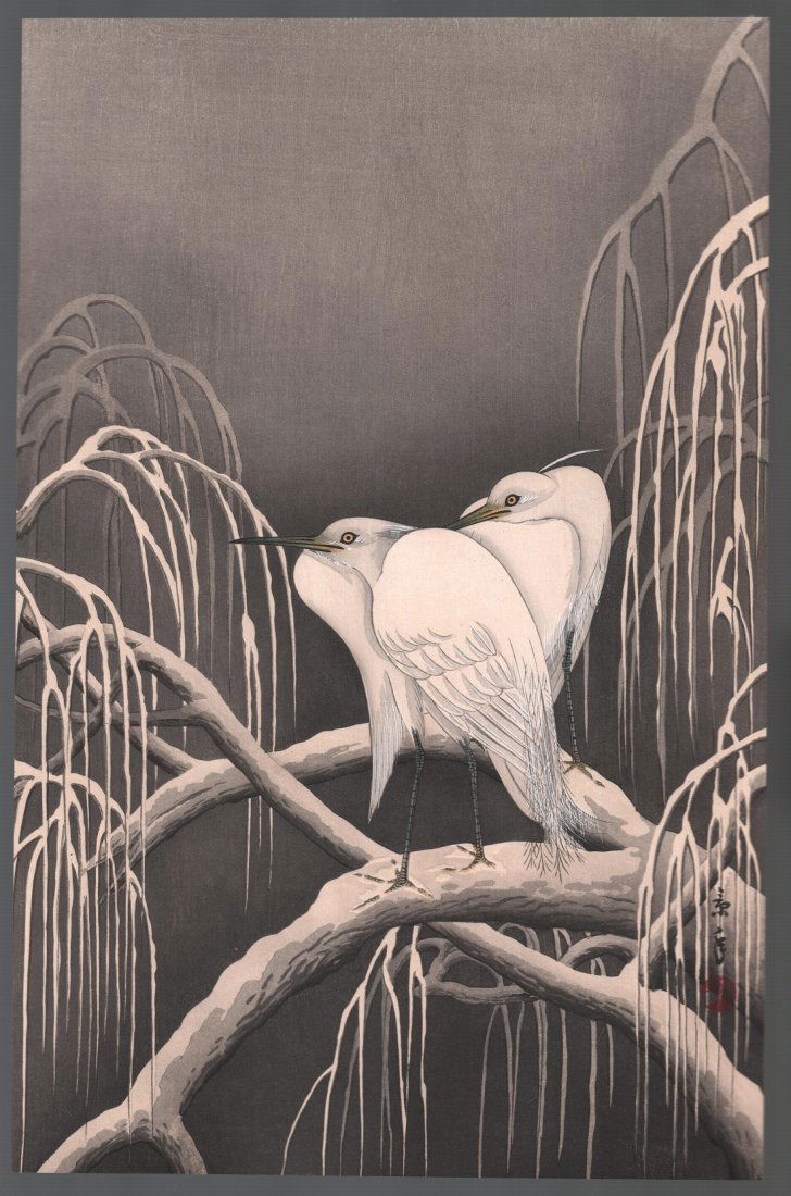 Imao Keinen Woodblock: Egrets on Snowy Branch, 1930s, NR (1 of 2)
