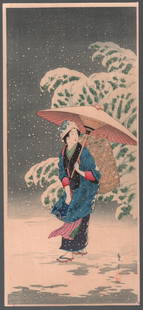 Takahashi Shotei Woodblock: Twilight Snow 1930s NR: Japanese Woodblock Print. Artist: Takahashi Shotei (Hiroaki). Subject: Snow at Twilight. Date: c1930. Size: Measures 6.75” x 15". Condition: Fine color and impression. Slight tonal shift towards