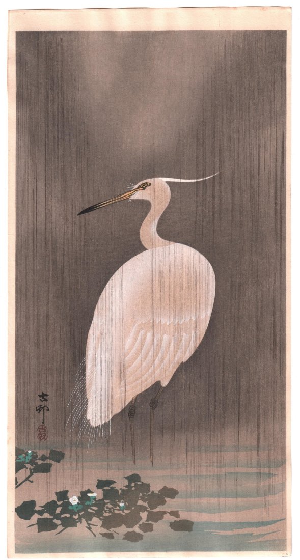 Ohara Koson Woodblock: Egret in Rain, c1910s  NR (1 of 2)