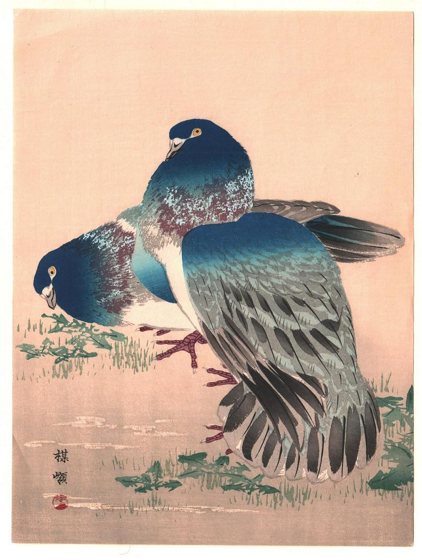 Kono Bairei Woodblock Print: Blue Pigeons  c1930s (1 of 2)