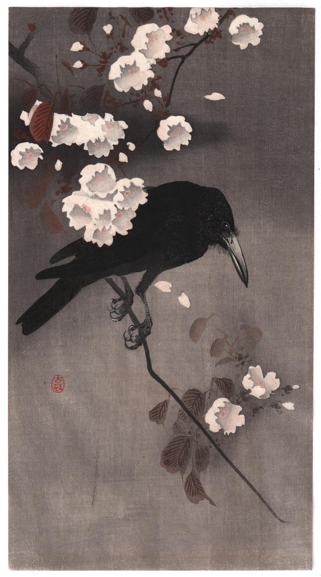 Ohara Koson Woodblock: Crow and Blossoms, 1910s (1 of 2)