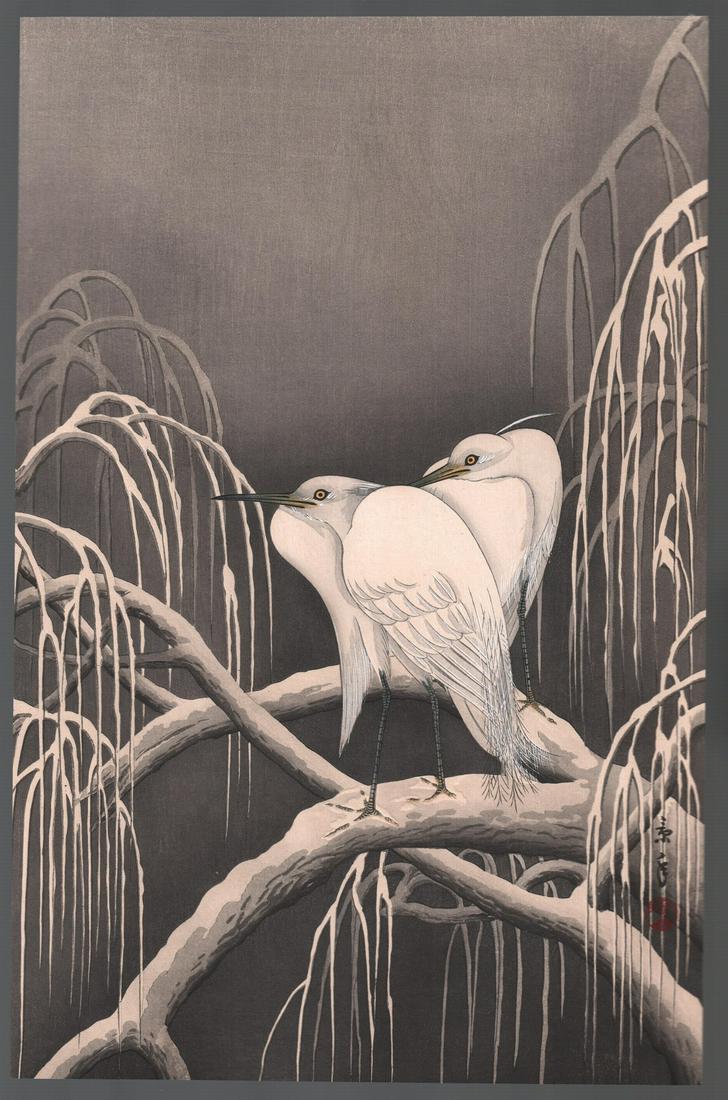 Imao Keinen Woodblock: Egrets on Snowy Branch, 1930s, NR (1 of 2)