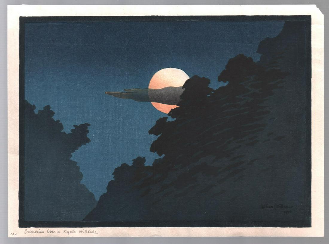 Lilian May Miller Woodblock: Moonrise, 1924, NR: Original Japanese Woodblock print. ARTIST: Lilian May Miller. SUBJECT: Moonrise Over a Kyoto Hillside. DATE: 1924 SIZE: Chuban design measures: 7.5 x 10.25" CONDITION: Excellent impression, some fadin