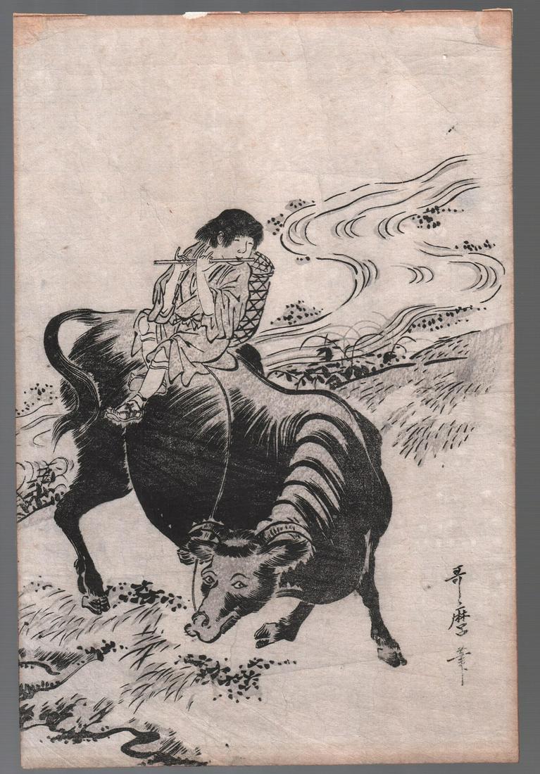 Kitagawa Utamaro Woodblock: Boy w/ Flute, Ox c1800 NR: Original Japanese Woodblock Print. Artist: Kitagawa Utamaro Subject: Boy playing flute while riding on an Ox. Date: c1800. Size: Oban design measures 9” x 13.5". Condition: Good impression. Ligh
