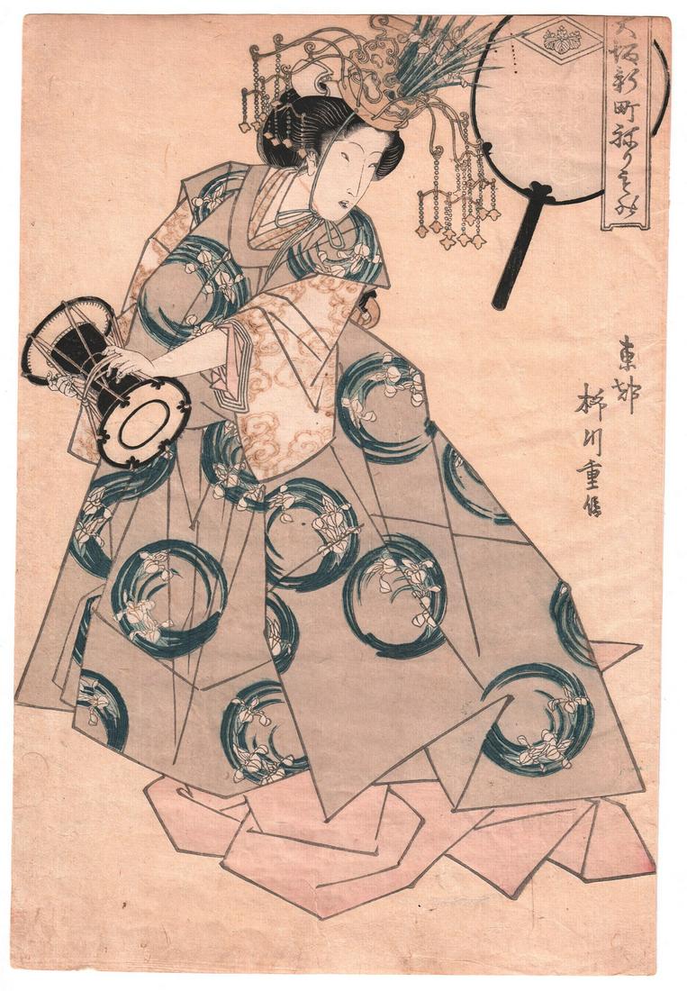 Shigenobu Woodblock: Oban Kabuki Musician, 1822 NR: Original Japanese Woodblock Print. Artist: Yanagawa Shigenobu. Subject: Emi of Tsunoi in the Rear Group of Musicians, from the series Costume Parade of the Shinmachi Quarter in Osaka. Date: 1822. Size