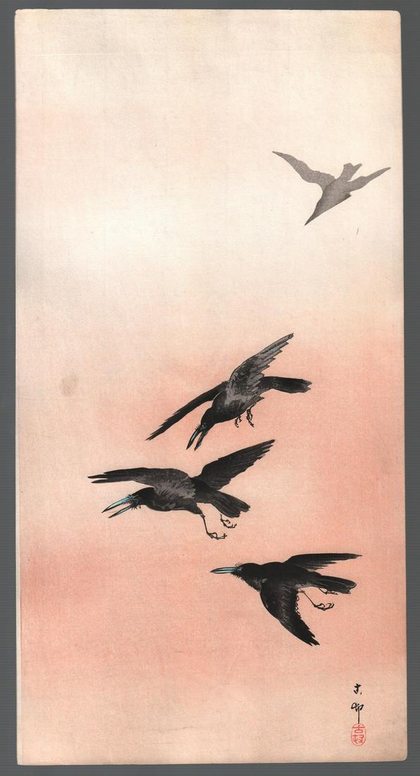 Ohara Koson Woodblock Print: Crows in Flight  c1910s  NR (1 of 2)