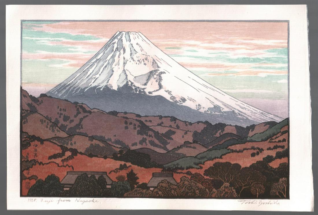 Toshi Yoshida Woodblock: Fuji from Nagoaka, 1962 NR: Japanese woodblock print. Artist: Toshi Yoshida Subject: Mt. Fuji from Nagaoka. Date: 1962 (This is a later impression). Size: Measures 9.5” x 14". Condition: Fine color, impression, condition.