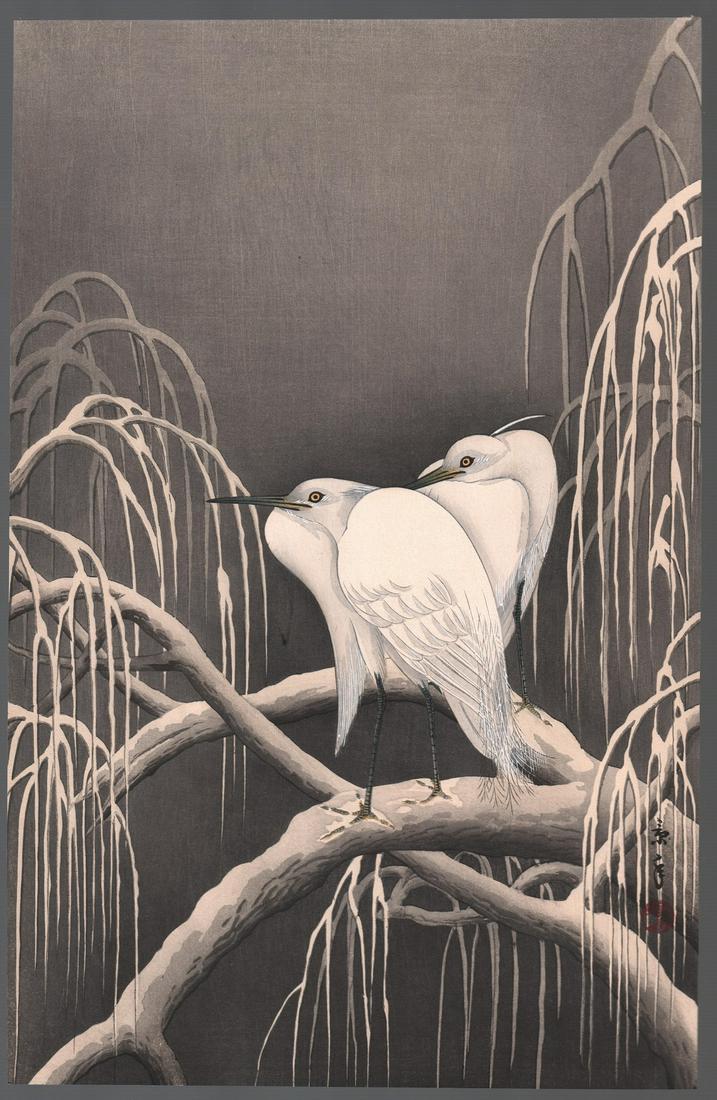 Imao Keinen Woodblock: Egrets, Snowy Branch 1930s NR (1 of 2)