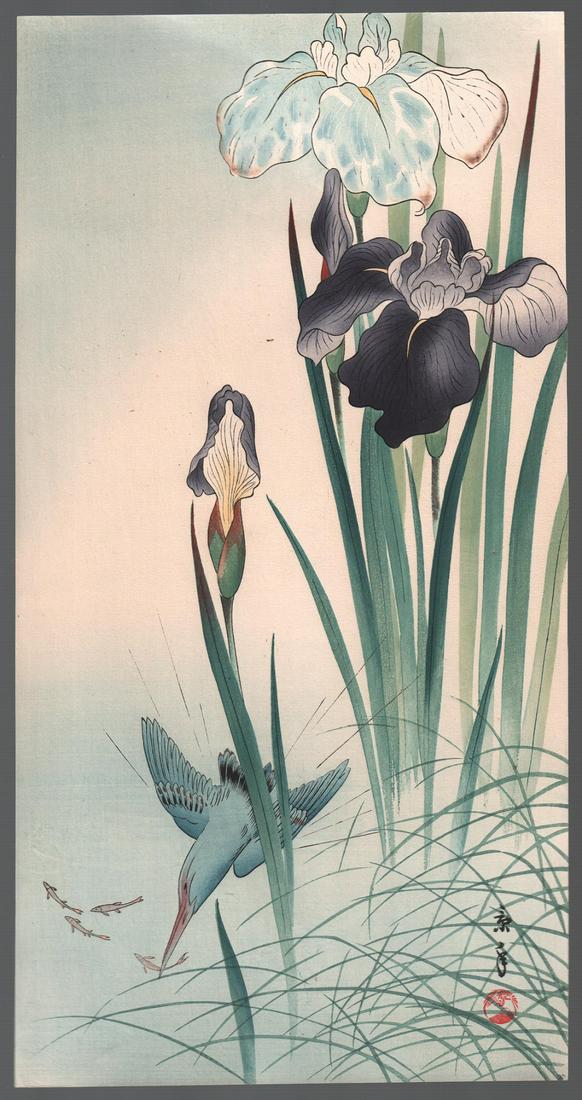 Imao Keinen Woodblock: Kingfisher, Iris, c1930s NR (1 of 2)
