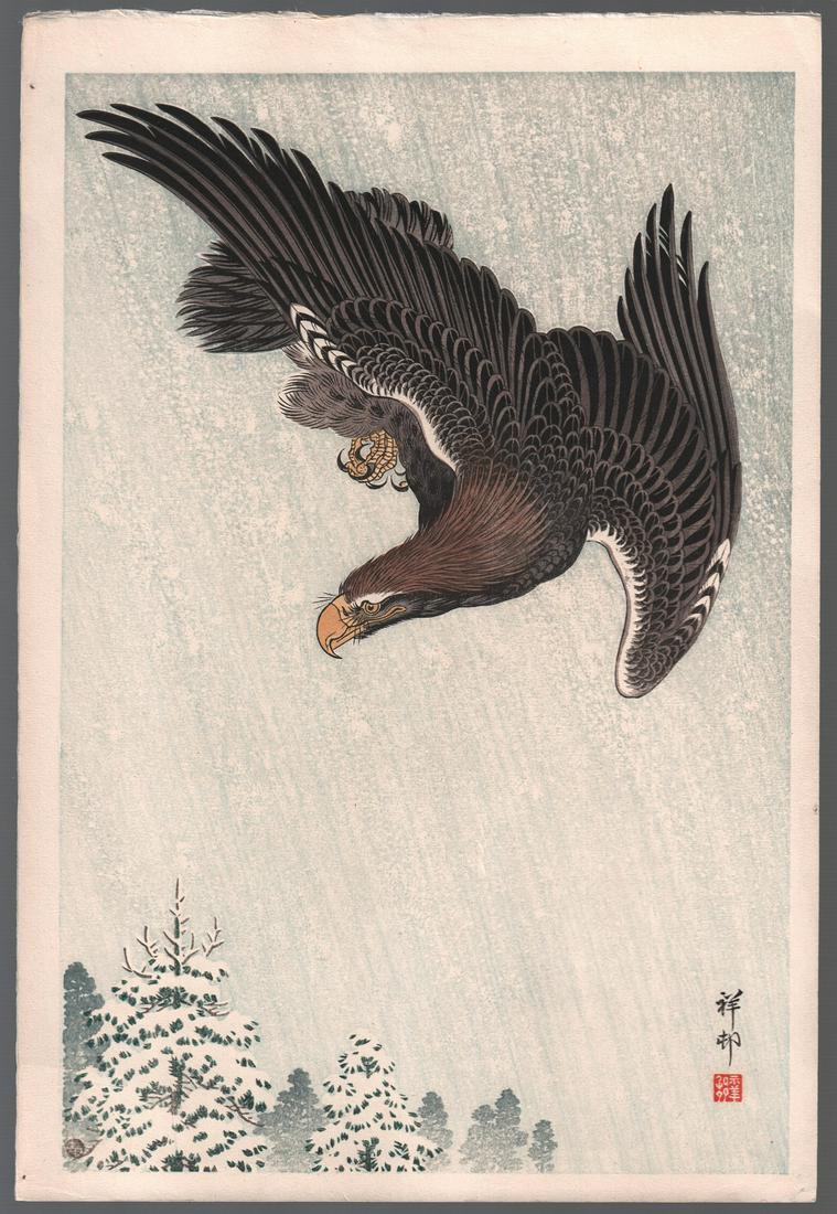 Ohara Koson Woodblock: Eagle in Flight, Snow, 1933 (1 of 2)