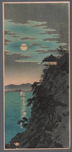 Shotei Takahashi - Moon Mt Ishiyama, Biwa c1930 woodblock NR: Japanese woodblock print. ARTIST: Shotei Takahashi (Hiroaki) SUBJECT: Moon at Mt Ishiyama, Lake Biwa DATE: 1924-36 (Ota Museum, Tokyo), original pre-War printing. PUBLISHER: Watanabe Publisher (Tokyo)