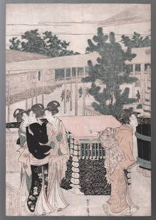 Utagawa Toyohiro Woodblock: Pilgrimage c1800 Rare NR: Japanese Woodblock Print. Artist: Utagawa Toyohiro Subject: Pilgrimage to Myohoji in Horinouchi, Edo. Date: c1800. Size: Oban design measures: 9.75” x 14.5". Condition: Very good