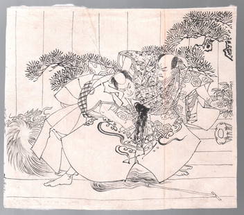 Mizuno Toshikata Woodblock Drawing: Mover,  c1880s NR: Japanese Woodblock Preparatory Drawing. Artist: Mizuno Toshikata. Subject: Street scene. Date: c1880s. Size: Measures: 6.25&rdquo; x 6.5". Condition: Good condition with minor wear. Executed on very t