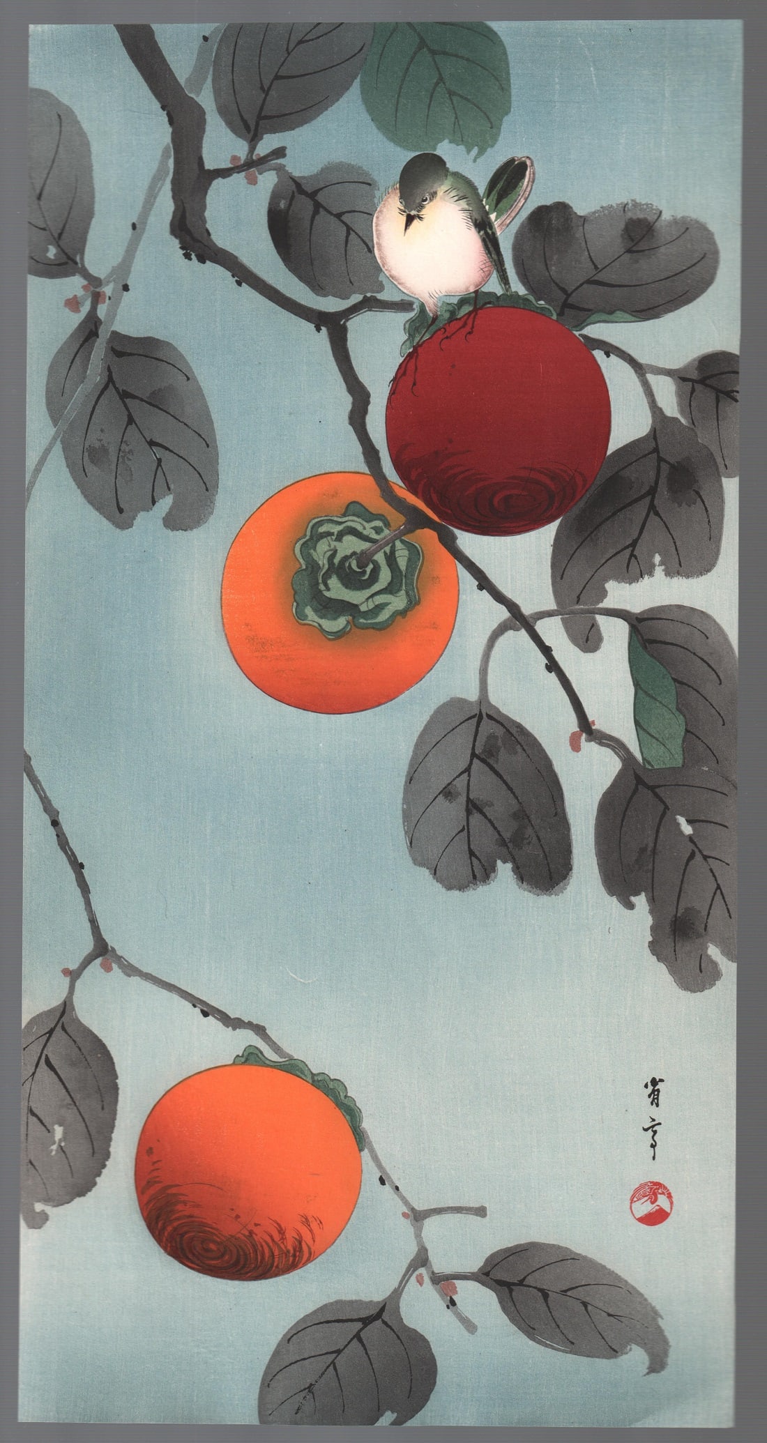 Seitei Woodblock: Bird on Persimmon Tree, c1930, NR (1 of 2)