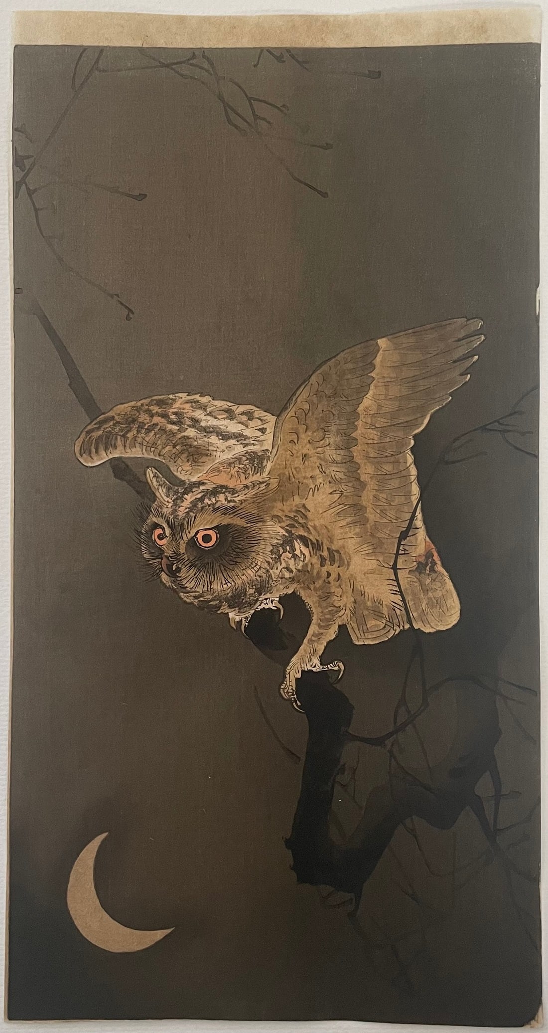 Ohara Koson Woodblock: Owl, Crescent Moon, 1910s NR (1 of 2)