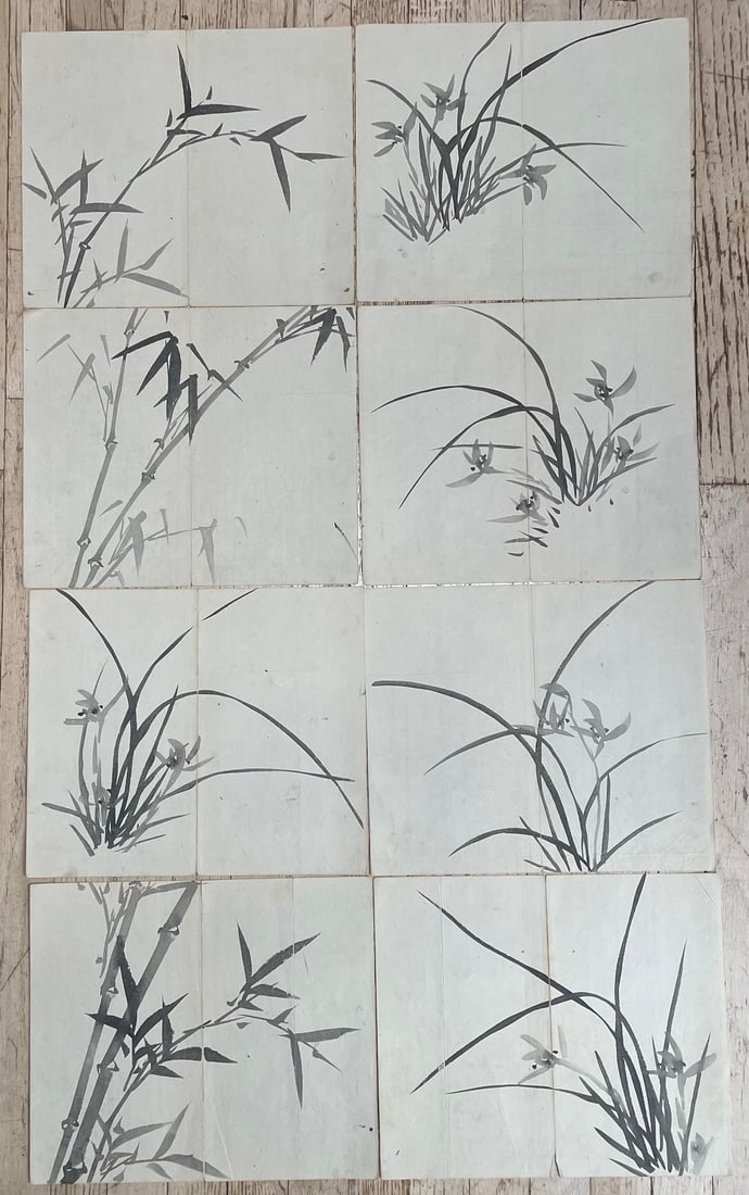 Lot of 8 Japanese Antique Paintings on Paper, 18-19c NR: A lot of 8 antique Japanese paintings on paper. Various subjects (bamboo, flowers, etc). Artist: Unknown. Date: Early to mid 19th century, possibly older). Each painting measures 11” x 13.25&rdq